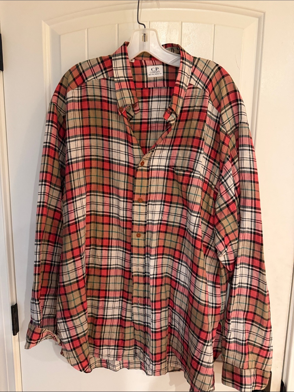 C.P. Company Men's Red Olive and Tan Linen Plaid Overcoat Button-Down Shirt